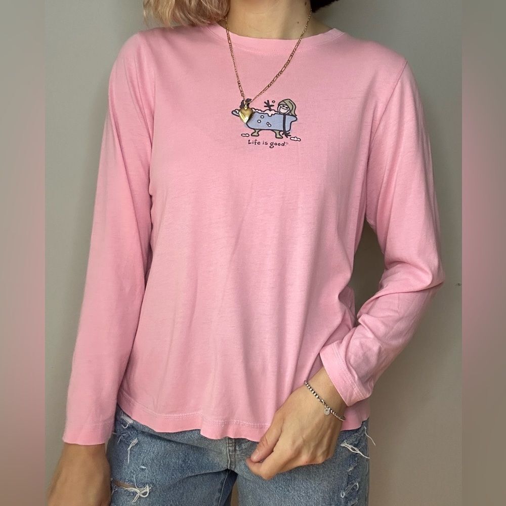 Life is Good Spa Bath Tub Long Sleeve Pink Cotton Shirt